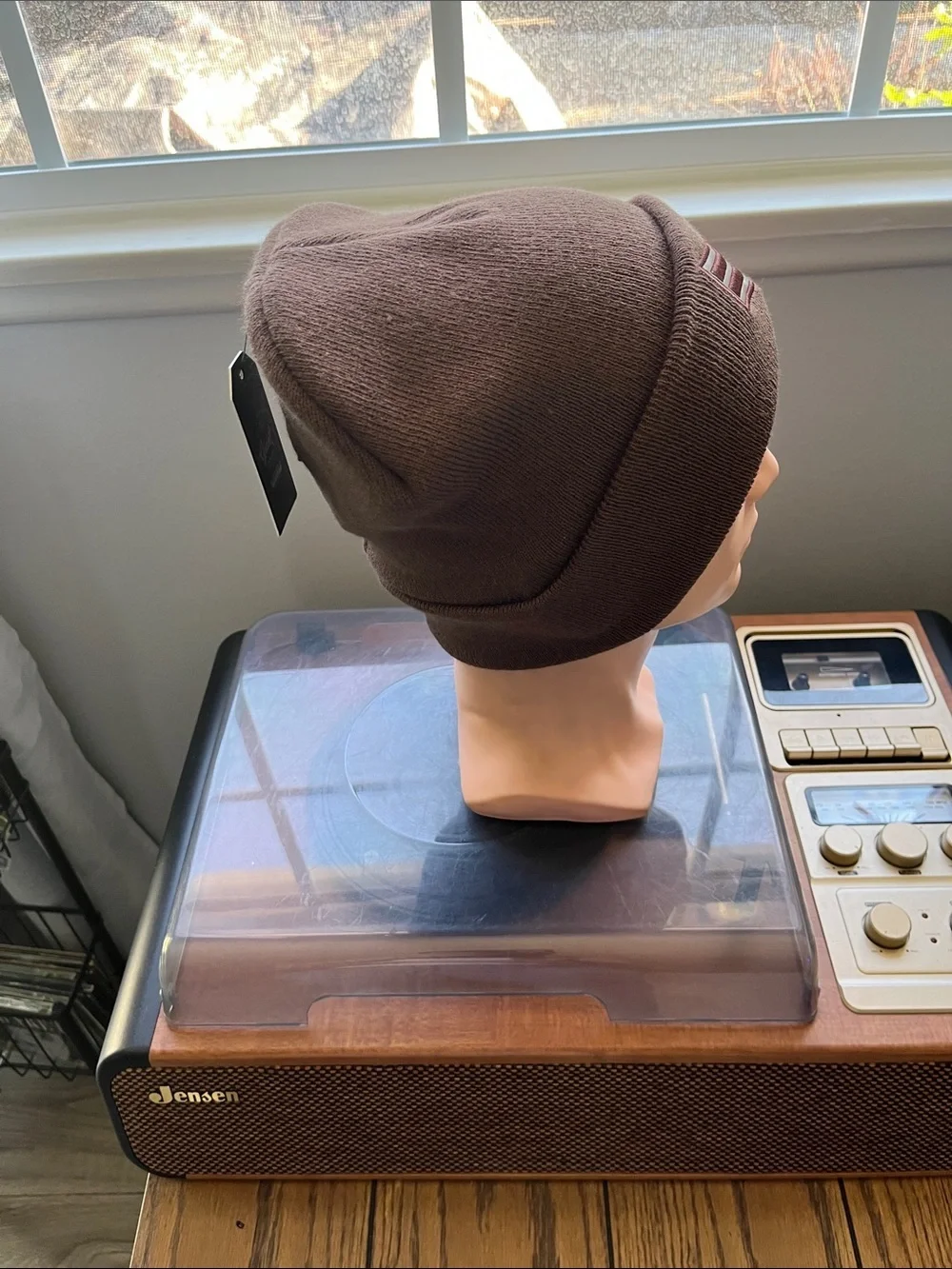 Brown Knit Beanie with Chevron Patch